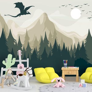 Dragon Wallpaper Peel and Stick Toddler Bedroom, Mountains Landscape Wallpaper Mural Playroom Removable, Forest Wall paper Nursery, Adhesive