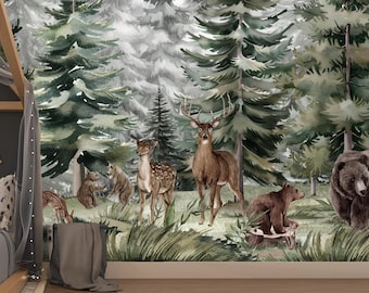 Woodland Animal Wallpaper Playroom Peel & Stick Removable Watercolor Bear Deer Wall Decor Nursery Wall paper Bedroom Magic Forest Art EM548
