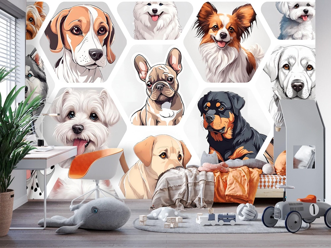 Dog Wallpaper Peel and Stick Nursery, Pets Bedroom Pattern, Colorful Art,  Dog Wall Decor, Large Dogs Mural, Funky Playroom Wallpaper Mural