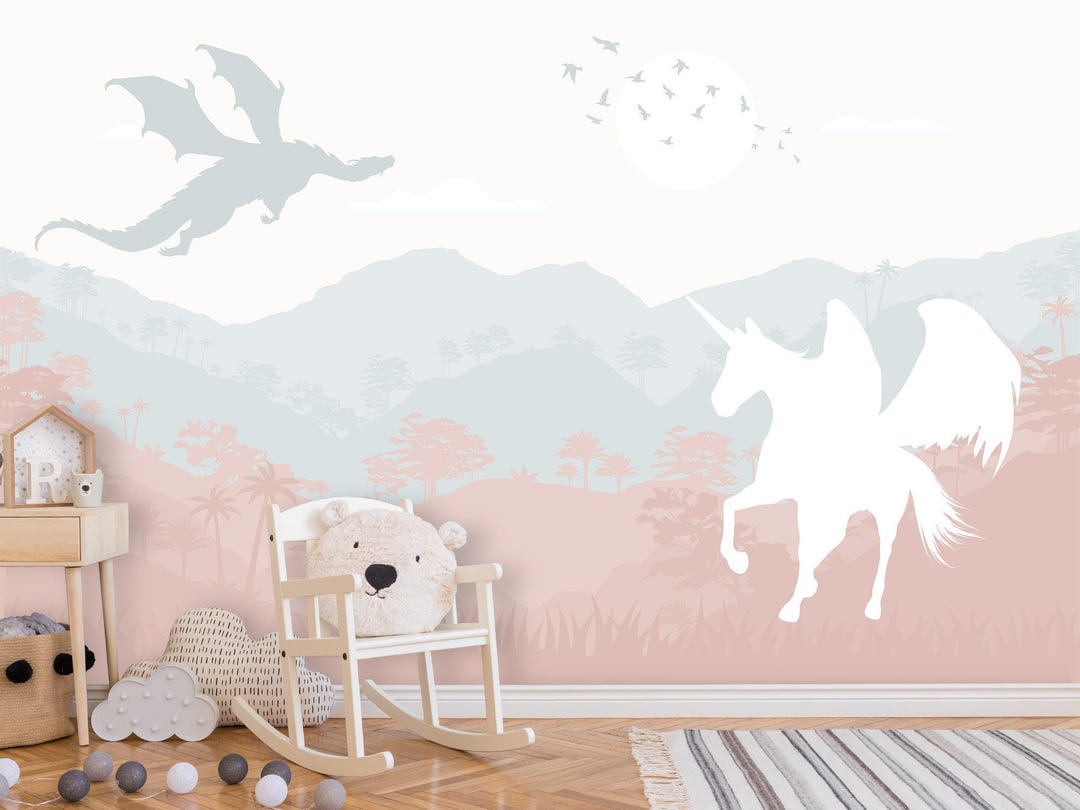 Buy Forest Wallpaper Mural Kids Room Removable, Dragon and Unicorn Wall ...