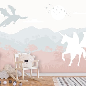 Forest Wallpaper Mural Kids Room Removable, Dragon and Unicorn Wall Mural Peel & Stick, Rainbow Wallpaper Adhesive Non-Woven Pink Grey Mural