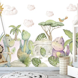 Cute Dino Wallpaper for Baby Nursery Removable / Large Jurassic World Wall Mural Kids Bedroom  Mountain Wallpaper Eco-Friendly Non-Woven