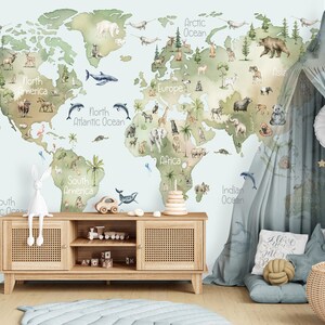 Wild Animals World Map Wallpaper Peel and Stick Boy Girl Nursery, Wall Mural Playroom Removable Outlander Wall paper Self-Adhesive Kids Room