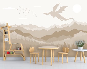 Dragon Wallpaper Peel and Stick Toddler Playroom Beige Landscape Wallpaper Mural  Removable, Mountain Wall paper Nursery Adhesive Woven Roll