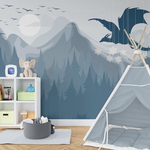 Watercolor Mountain Wallpaper Mural Kids Room Removable Accent Wallpaper Dragon  Peel and Stick, Adhesive Non-Woven Forest Wallpaper