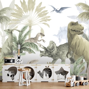 Dinosaurs Wallpaper for Nursery Jurassic World Wall Mural Removable Kids Playroom Tropical Leaf Wallcovering Self-Adhesive  Peel & Stick