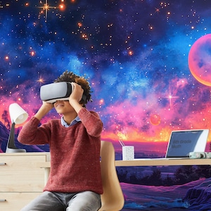 Dark Space Wallpaper Peel and Stick Playroom Boy Wallpaper Removable, Rainbow Galaxy Wallpaper, Outer Space Wall Mural Universe Galaxy Wall