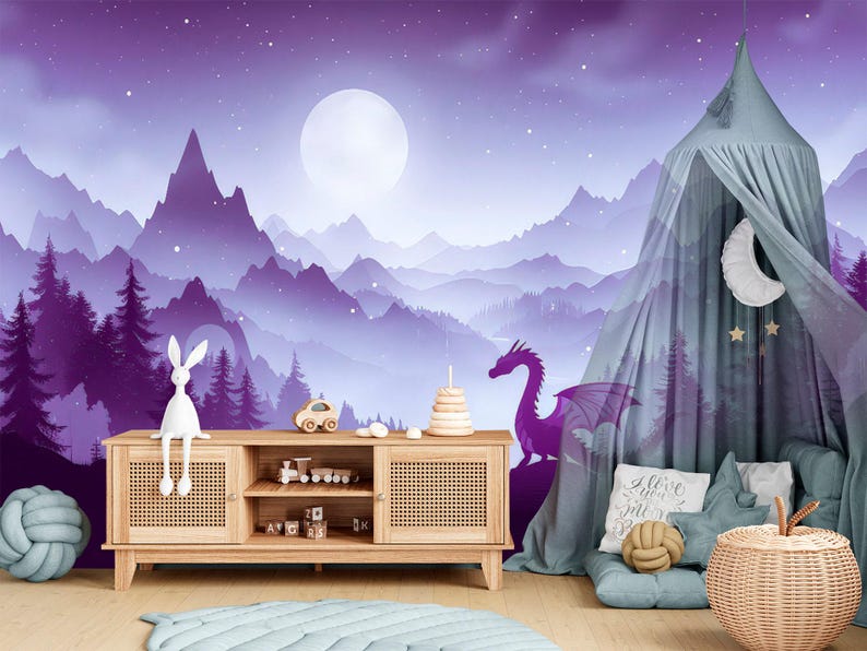 Dragon Wallpaper Peel and Stick Toddler Girl Playroom Purple Mountain ...
