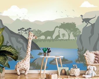 Grey Green Pastel Jurassic World Wallpaper - Mountain Wall Mural Boy Room Personalized Print Sizes - Peel & Stick Dinosaur Wallpaper Kids