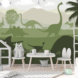 Dinosaur Wallpaper for Boy Nursery Removable / Large Jurassic World Wall Mural Kids Bedroom / Playroom Wallpaper with Mountain Decor