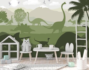 Dinosaur Wallpaper for Boy Nursery Removable / Large Jurassic World Wall Mural Kids Bedroom / Playroom Wallpaper with Mountain Decor
