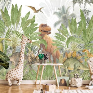 Tropical Leaf Wallpaper for Toddler Kids Nursery Removable Jurassic World Wall Mural Adhesive Dinosaurs Wallpaper Boys Playroom Peel & Stick