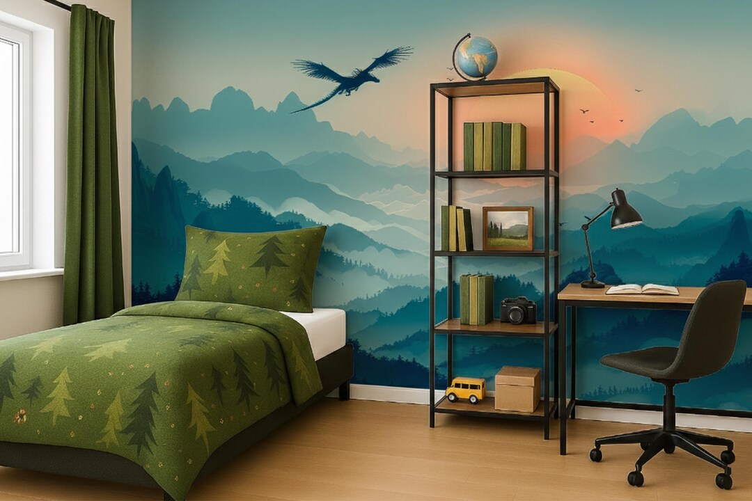 Dragon Wallpaper Peel and Stick Toddler Bedroom Blue, Mountains ...