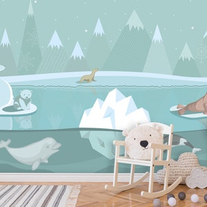 Scandinavian Landscape Nursery Wallpaper. Arctic Animals Wall Mural Kids. Polar Bear on Ice Floe Wallpaper Peel & Stick. Mountain Wall Art