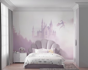 Dragon Wallpaper Peel and Stick, Purple Castle Wall Mural Kids Room, Fantasy Forest Mural, Nursery Landscape Decor Removable Playroom Art