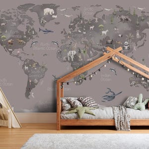 Dark World Map Wallpaper Peel and Stick Boy Nursery, Wild Animals Wall Mural Kids Room Removable Outlander Wall paper Self-Adhesive Playroom