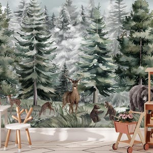 Woodland Animal Wallpaper Playroom Peel & Stick Removable Watercolor Forest Wall Mural Nursery Wall paper Kids Room Magic Forest Decor EM549