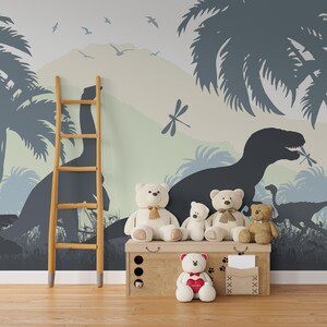Dinosaur Wallpaper for Boys Nursery Removable, Jurassic World Wall Mural Adhesive, Tropical Leaves Wallpaper Peel & Stick Pastel Beige Mural