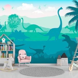 Dino Wallpaper Baby for Boy Nursery Blue, Large Jurassic World Wall Mural Kids Game room Removable, Playroom Wallpaper Adhesive, T-rex