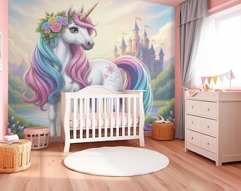 Magical Unicorn Castle Wall Mural – Fantasy Peel and Stick Wallpaper for Nursery Girls Room, Pastel Princess & Fairyland Decor Removable