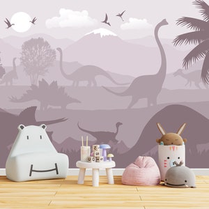 Soft Pastel Large Jurassic World Wallpaper Pink for Baby Girl Nursery, Dinosaurs Wall Mural Playroom Removable, Game room Wallpaper Adhesive