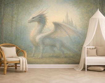 Dragon Wallpaper Peel and Stick Neutral - Magical Castle Wall Mural Removable, Fairy Tale Pastel Wall Decor for Bedroom, Nursery, Playroom
