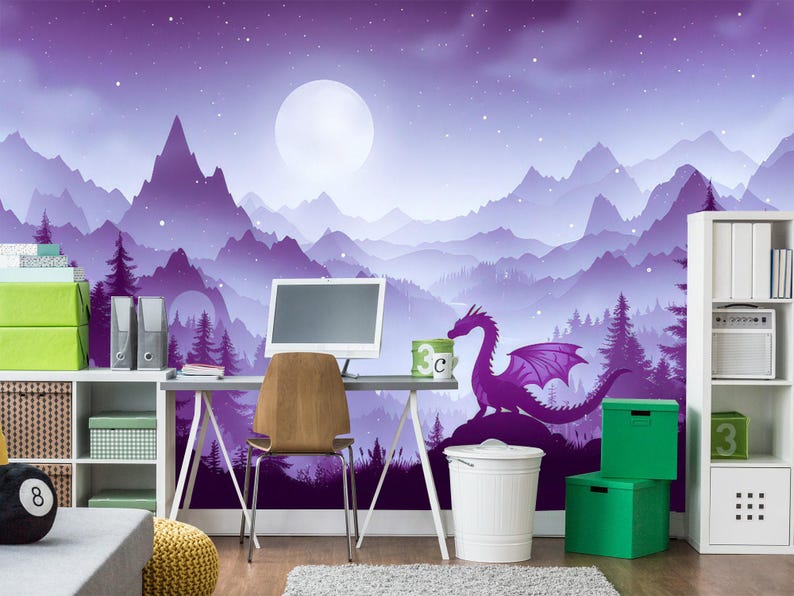 Dragon Wallpaper Peel and Stick Toddler Girl Playroom Purple Mountain ...