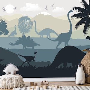 Dark Dinosaur Wallpaper Mural Toddler Boy Nursery Removable / Jurassic World Mural / Dino Wallpaper Playroom  Peel & Stick Non-Woven