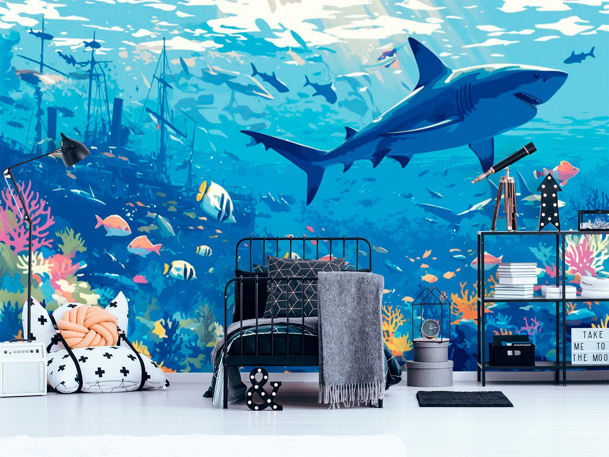 Shark Wallpaper Peel and Stick Boy Bedroom, Under the Sea Life Wallpaper Mural Adhesive Nursery Accent Wall Mural Blue Temporary, Removable