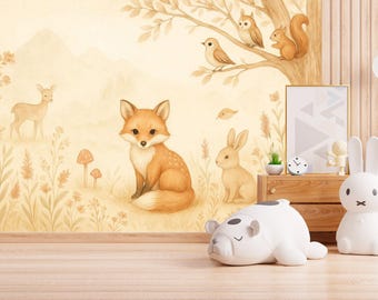 Pretty Fox Wallpaper Peel and Stick Nursery, Woodland Animal Wall Mural with Bunny, Soft Neutral Kids Room Decor, Removable Forest Wall Art