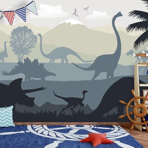 Dark Dinosaur Wallpaper Baby Boy Nursery Removable / Large Jurassic World Wall Mural Kids Bedroom / Playroom Wallpaper