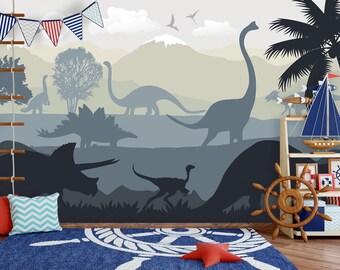 Dark Dinosaur Wallpaper Baby Boy Nursery Removable / Large Jurassic World Wall Mural Kids Bedroom / Playroom Wallpaper