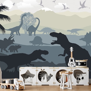 Dinosaur Wallpaper for Boy Nursery Removable / Large Jurassic World Wall Mural Boys Nursery / Playroom Wallpaper with Mountain Wallcovering