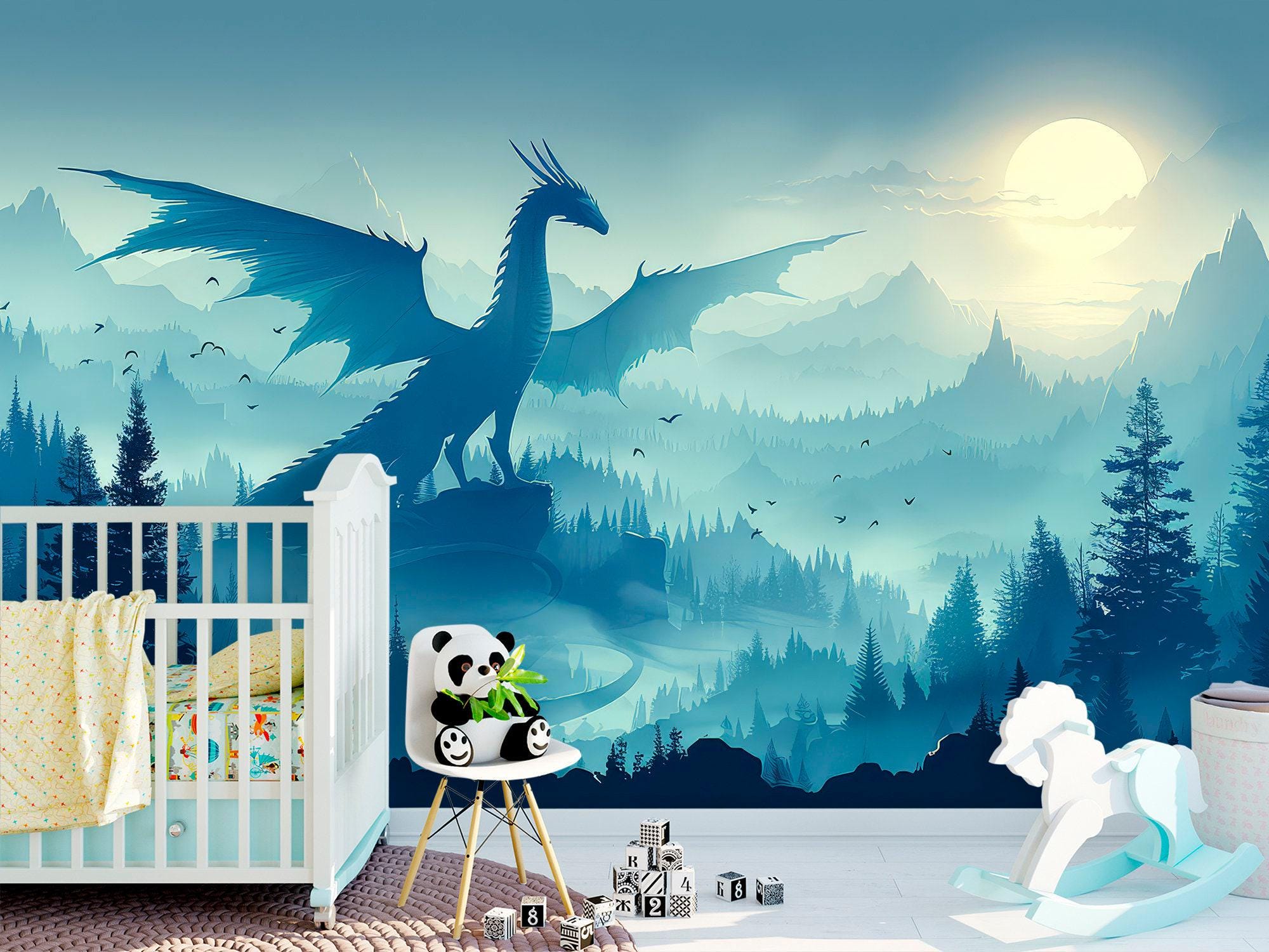 Mountain Wallpaper Peel and Stick Living Room Blue Green, Dragon ...