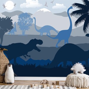 Dark Dinosaur Wallpaper for Toddler Boy Nursery Removable / Large Jurassic World Wall Mural Kids Bedroom Adhesive / T-rex Wallpaper Playroom