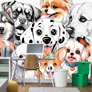 Dog Wallpaper Peel and Stick Bedroom, Pets Playroom Wallpaper Removable, Dog Wall Decor Colorful paper, Large Dogs Mural, Funky Living Room