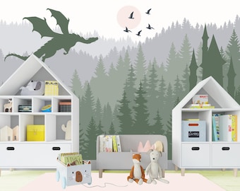 Dragon Wallpaper Mural Kids Room Removable, MountainWallpaper Peel & Stick, Adhesive Non-Woven Forest Wallpaper Magic Castle Wall Mural