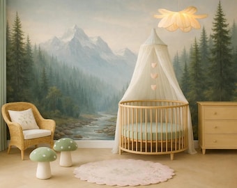 Pine Forest Mountains Wallpaper Peel and Stick for Kids Room, Sunset River Valley Wall Mural Nursery, Sceinic Landscape Wall paper Bedroom