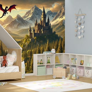 Magic Kingdom Dragon Wallpaper Peel and Stick Playroom Removable Mountain Wall paper Boy Nursery Kids Castle Landscape Wall Mural Room