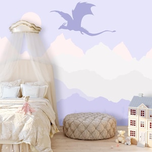 Dragon Wallpaper Peel and Stick Girl Bedroom Lavender Mountains Landscape Wallpaper Mural  Removable, Forest Wall paper Nursery Adhesive