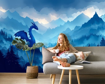 Mountain Wallpaper Peel and Stick Living Room Blue,  Dragon Wall paper Mural Playroom Removable, Forest Wallpaper Nursery Adhesive Non-Woven