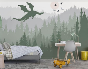 Dragon Wallpaper Mural Kids Room Removable, MountainWallpaper Peel & Stick, Adhesive Non-Woven Forest Wallpaper Magic Castle Wall Mural