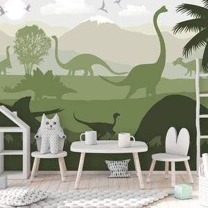 Dinosaur Wallpaper for Boy Nursery Removable / Large Jurassic World Wall Mural Kids Bedroom / Playroom Wallpaper with Mountain Decor image 2