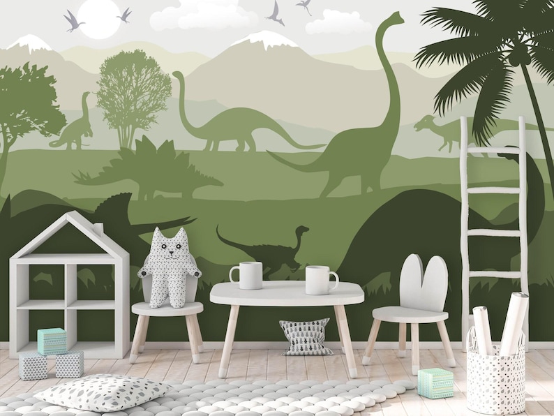Dinosaur Wallpaper for Boy Nursery Removable / Large Jurassic World Wall Mural Kids Bedroom / Playroom Wallpaper with Mountain Decor image 2