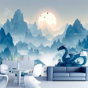 Dragon Wallpaper Peel and Stick Living Room, Mountains Landscape Wallpaper Mural Playroom Removable, Forest Wall paper Bedroom, Adhesive