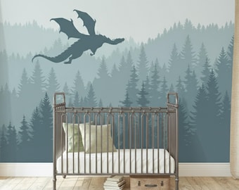 Soft Pastel Green Forest Wallpaper Kids Nursery Removable, Fairy Dragon Wall Mural Peel and Stick, Pine Tree Decor Woodland Theme Room