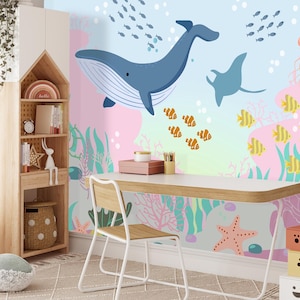 Underwater Ocean Wallpaper Peel and Stick for Kids Room Whimsical Marine Life Wall Mural with Whale Stingray Jellyfish & Coral Nautical