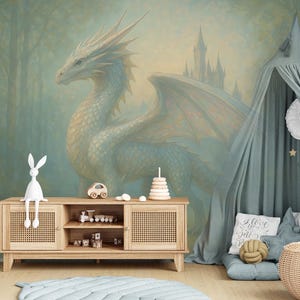 Dragon Wallpaper Peel and Stick Toddler Bedroom, Mountains Landscape Wallpaper Mural Playroom Removable, Сastel Wall paper Nursery, Adhesive