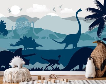Dark Dinosaur Wallpaper Baby Boy Nursery Removable / Large Jurassic World Wall Mural Kids Bedroom / Playroom Wallpaper Wallcovering