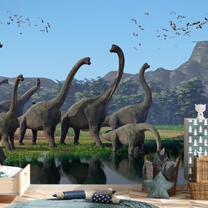 Dinosaur Wallpaper for Boys Nursery Removable, Jurassic World Wall Mural, Mountain Wallpaper Adhesive,  Non-woven, Bedroom, Playroom